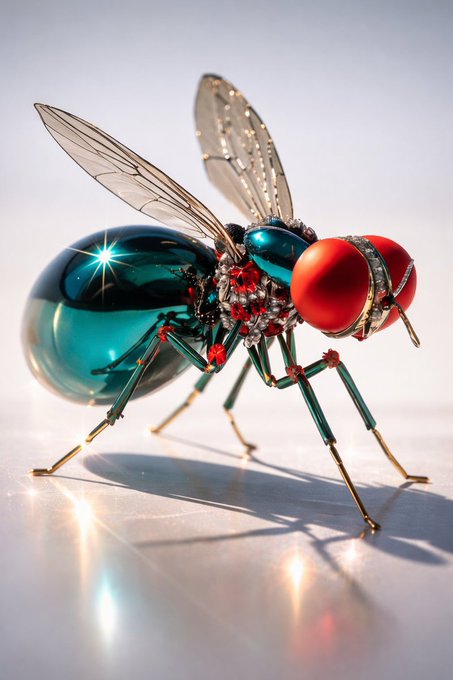 Artistic 3D-rendered mechanical fly with a teal metallic body, red jeweled accents, transparent wings, and large red eyes, standing on a reflective white surface.