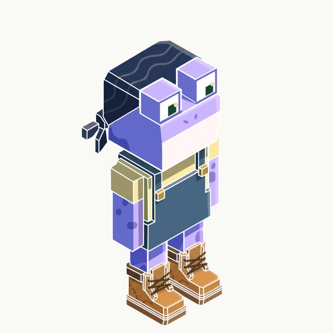 A pixel-art character rendered in isometric perspective, featuring blocky purple and blue tones, with a bandana, square glasses, and brown boots.