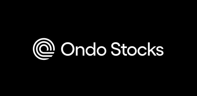A logo for "Ondo Stocks" displayed in white text on a black background, featuring a circular emblem with a stylized '@' symbol.