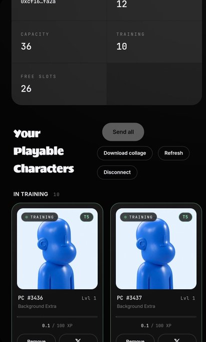 A mobile app interface shows statistics like 'CAPACITY 36', 'TRAINING 10', and 'FREE SLOTS 26', with a 'Your Playable Characters' section displaying two blue figures labeled 'PC #3436 Lvl 1' and 'PC #3437 Lvl 1' under 'IN TRAINING'.
