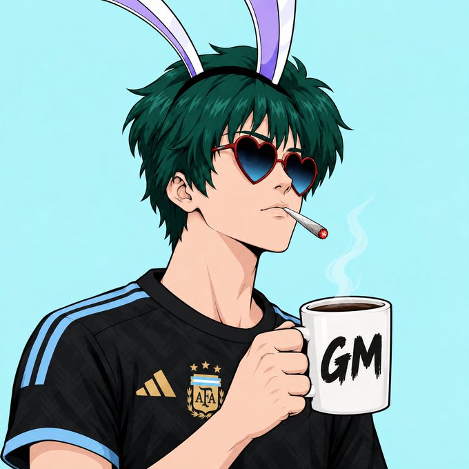 An anime-style illustration shows a green-haired character wearing bunny ears and heart-shaped sunglasses, smoking a cigarette while holding a steaming white mug labeled 'GM'.