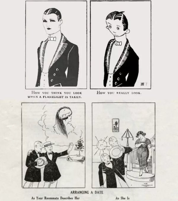 A vintage four-panel cartoon contrasting idealized self-perception with reality, captioned 'How you think you look when a flashlight is taken / How you really look' and 'Arranging a date as your roommate describes her / as she is.'