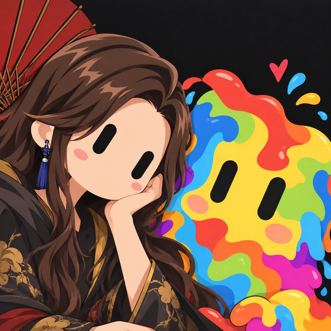 A cartoon illustration of a woman with long brown hair wearing a traditional East Asian-style outfit, posed thoughtfully against a colorful blob character with simple facial features.