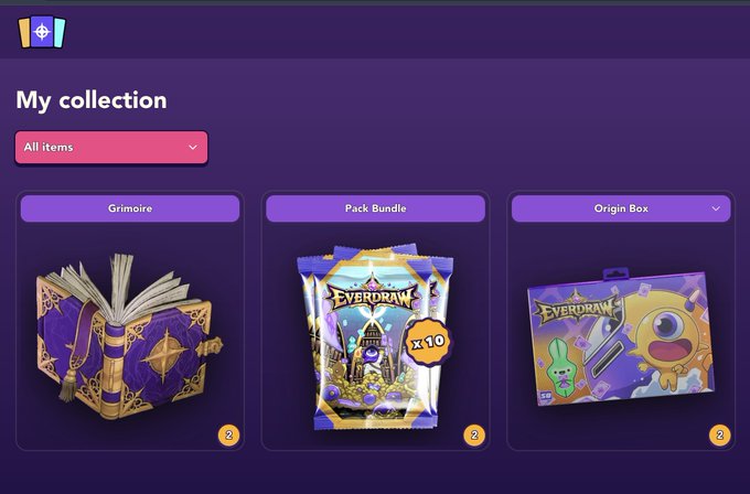 A 'My collection' interface from the Everdraw game, showing three items: a 'Grimoire' book, a 'Pack Bundle' containing 10 packs, and an 'Origin Box'.