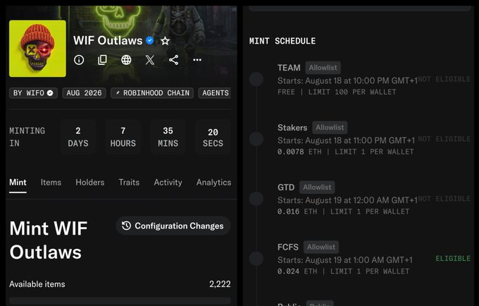 A mint page for 'WIF Outlaws' NFT collection by NIFO launching August 2026 on Robinhood Chain, showing a mint schedule with TEAM (free), Stakers (0.0078 ETH), GTD (0.016 ETH), and FCFS (0.024 ETH) tiers, all currently marked 'NOT ELIGIBLE'.