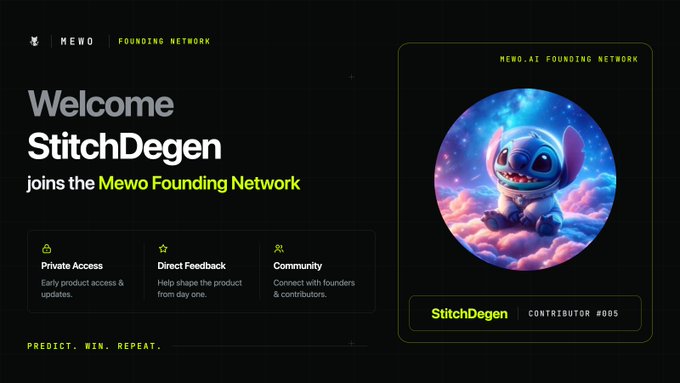 A promotional graphic reads 'Welcome StitchDegen joins the Mewo Founding Network' and features a cartoon Stitch character, listing benefits like 'Private Access', 'Direct Feedback', and 'Community'.