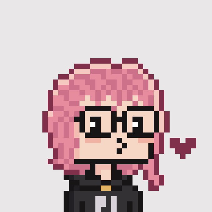 Pixel-art portrait of a pink-haired character wearing a suit, with a small heart symbol beside them.