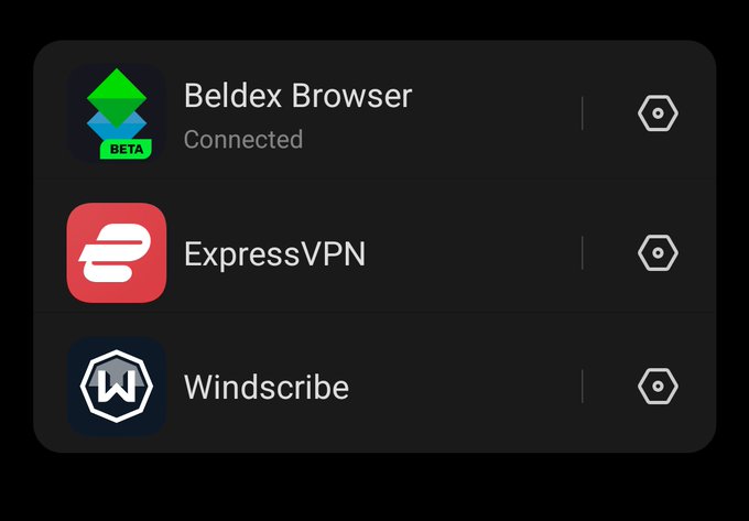 A settings menu displays three applications: Beldex Browser (Connected), ExpressVPN, and Windscribe, each with a settings icon.