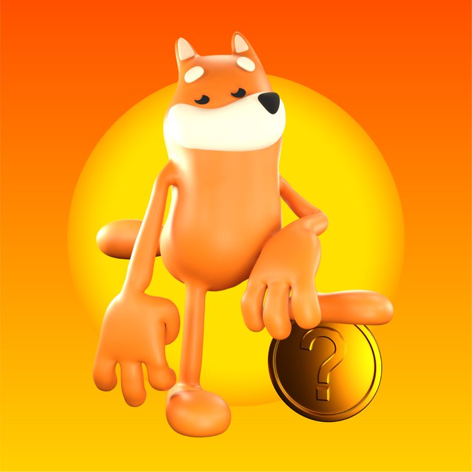 A 3D-rendered cartoon dog mascot standing against a bright orange and yellow sun background, leaning casually on a gold coin with a question mark on it.