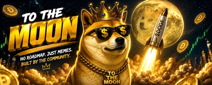 A crowned Shiba Inu (Dogecoin) wearing dollar-sign sunglasses stands beside a rocket labeled "$DOGE" launching toward a moon bearing the Doge face, surrounded by gold coins and the text "TO THE MOON — NO ROADMAP. JUST MEMES. BUILT BY THE COMMUNITY." The image visually amplifies the post's "to the moon" rallying cry, with the crowned Doge symbolizing the community-driven, meme-fueled ascent promised for the $DOGE token.