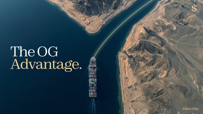 An aerial photograph of a large container ship sailing through a narrow desert waterway, accompanied by the text 'The OG Advantage.' and an 'Ethra Ship' logo in the corner.
