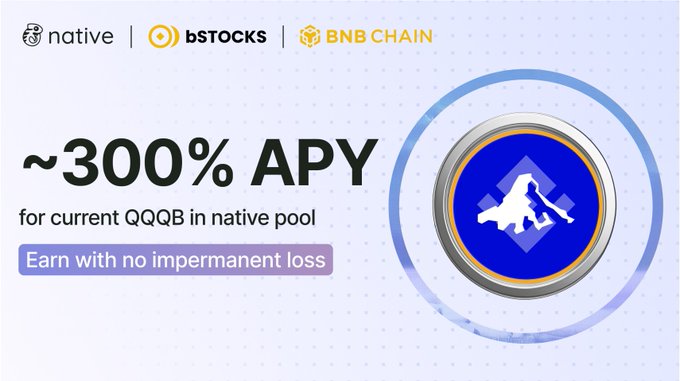 This image promotes Native and bStocks on BNB Chain, highlighting an approximate 300% APY for QQQB in the native pool with no impermanent loss. The visual emphasizes the high APY with the prominent text "~300% APY" and the logo of QQQB.