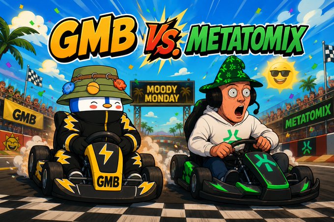 The image features two cartoon characters, a penguin wearing a hat and a person wearing sunglasses, racing go-karts. The text "GMB vs. Meta_Tomix" is displayed above them, indicating that they are competing against each other in a virtual race. The background of the image shows a beach scene with palm trees, adding to the overall atmosphere of the post.