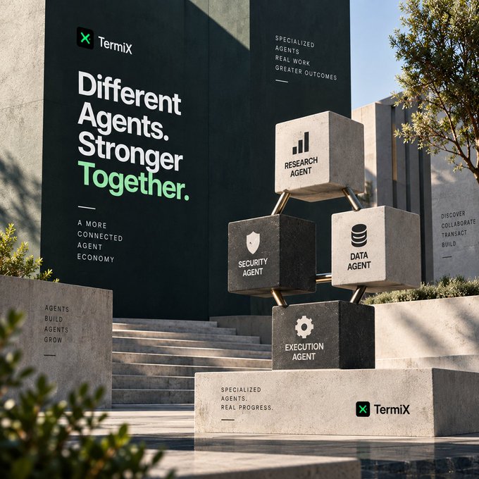 A promotional image for 'TermiX' featuring the tagline 'Different Agents. Stronger Together.' alongside concrete cubes labeled 'RESEARCH AGENT', 'SECURITY AGENT', 'DATA AGENT', and 'EXECUTION AGENT'.