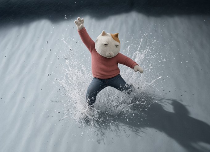 A 3D rendered image of a character wearing a cat head mask and pink sweater splashing into water.