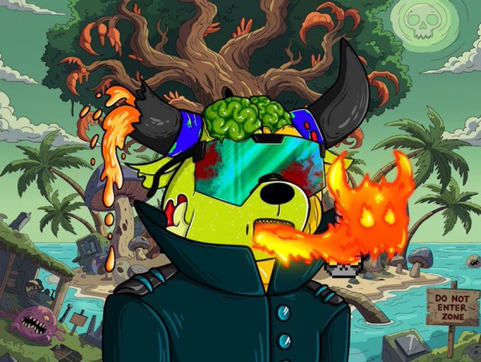 A cartoon illustration of a green horned character with sunglasses blowing fire from its mouth, with a "DO NOT ENTER ZONE" sign and a flaming tree in the background.