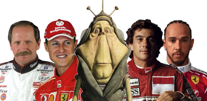 A composite image featuring five figures in a row: on the left, a man with a mustache in a white racing suit; next to him, a smiling driver wearing a red cap reading 'Deutsche Vermögensberatung' and a red Ferrari racing suit; in the center, the Star Wars character Jabba the Hutt; to his right, a driver in a red Ferrari suit; and on the far right, Lewis Hamilton in a red Ferrari racing suit.