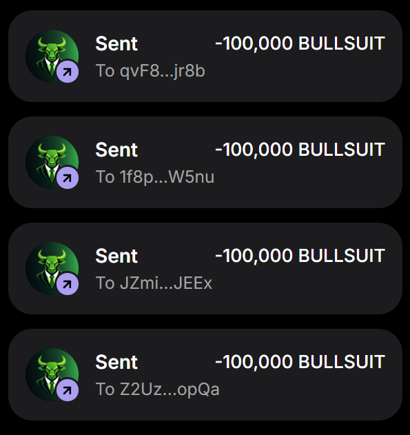 The image shows four wallet transactions sending **-100,000 BULLSUIT** each to different wallet addresses. It visually reinforces the post’s claim of a limited **100,000 $SBULLSUIT airdrop** from **@SigmaBullX** for the first 555 wallets.