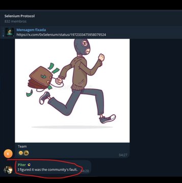 A Telegram message from "Selenium Protocol" in the "Scs" channel features a cartoon of a masked thief running with money, while a user "Piter" comments "I figured it was the community's fault," referencing the post's accusation of a scammer who redelegated tokens to "Vegas" and is now banned from the community.
