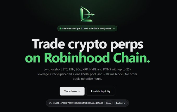 A promotional webpage for trading crypto perpetual contracts on Robinhood Chain, mentioning up to 25x leverage on assets like BTC, ETH, SOL, XRP, HYPE, and PONS, with a contract address displayed.