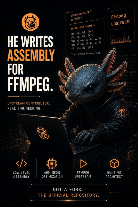 Promotional graphic featuring an axolotl coding at a laptop with text 'HE WRITES ASSEMBLY FOR FFMPEG. UPSTREAM CONTRIBUTOR. REAL ENGINEERING.' and tags including LOW-LEVEL ASSEMBLY, ARM NEON OPTIMIZATION, FFMPEG UPSTREAM, and RUNTIME ARCHITECT, with 'NOT A FORK. THE OFFICIAL REPOSITORY.' at the bottom.