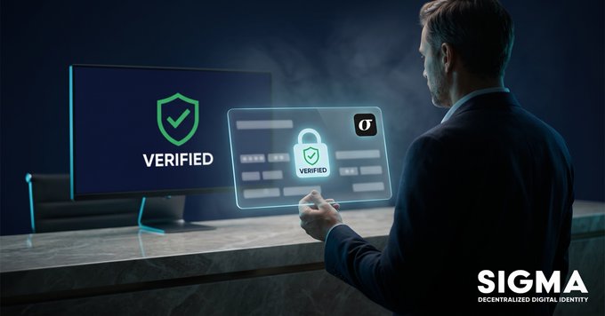 A promotional image for SIGMA - Decentralized Digital Identity, showing a man in a suit looking at a holographic 'VERIFIED' security display, with a computer monitor showing a green checkmark shield in the background.