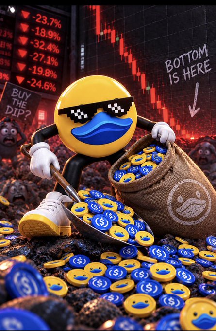 3D illustration of a yellow emoji character wearing pixelated sunglasses shoveling cryptocurrency coins with dollar signs, set against a red stock market chart displaying losses and a 'BOTTOM IS HERE' sign.
