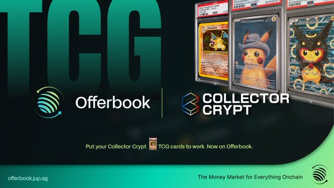 The image features a poster for a Pokémon-themed offerbook, which has been created by the Pokémon Company. The poster includes three different Pokémon cards, each with unique designs that represent various Pokémon characters such as Pikachu, Eevee, and Bulbasaur. The text on the poster highlights the Pokémon Card Game (TCG) and how it can be used to buy Pokémon cards for collectors. It also mentions a collector who has been using Collector Crypt to purchase Pokémon cards from TCG.