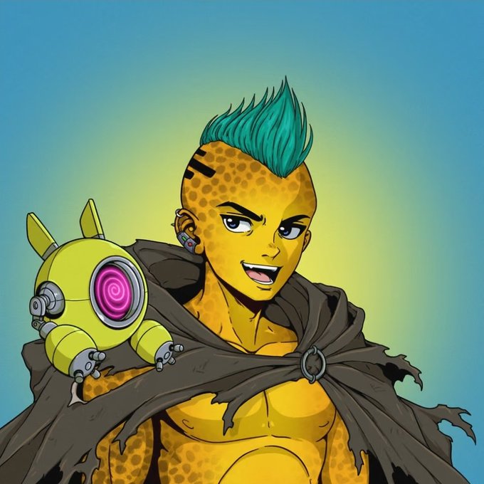 An animated character with yellow spotted skin and a teal mohawk wearing a tattered dark cloak, accompanied by a small yellow robot.