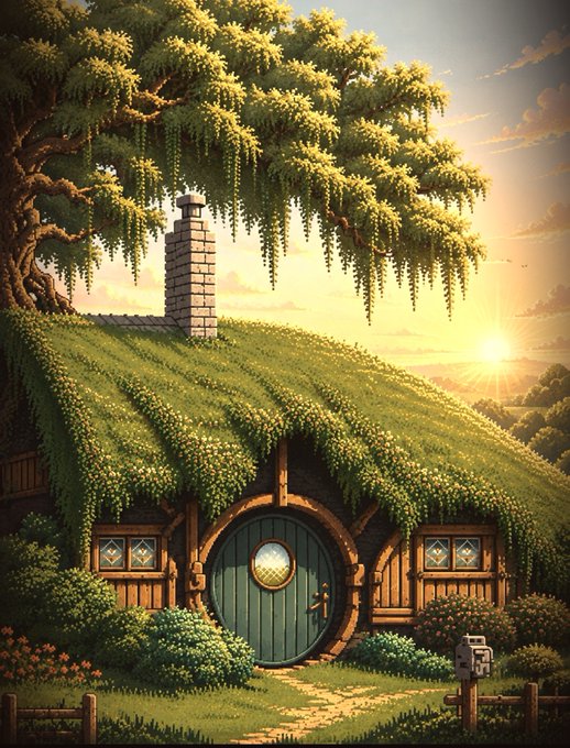 A fantasy illustration of a hobbit-style house with a grass-covered roof, round green door, brick chimney, and a massive tree, set against a sunset landscape.