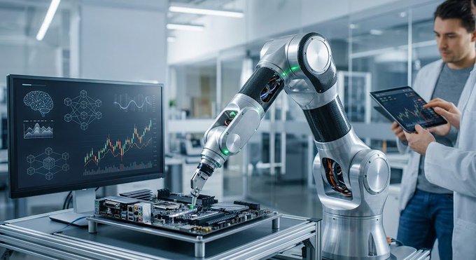 A robotic arm works on a circuit board beside a technician monitoring charts in a tech lab, symbolizing the automated, data-driven nature of cryptocurrency trading.

The image's combination of AI robotics and real-time market charts visually reinforces the post's theme of leveraging technology and analytics to navigate crypto volatility and uncover opportunities during pullbacks like Bitcoin's drop to $77.4K and Ethereum's level around $2.44K.