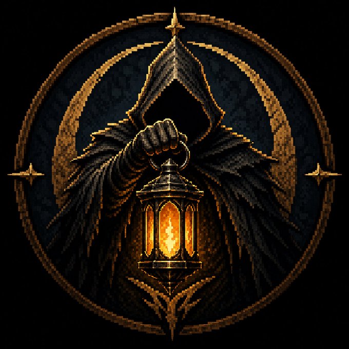 A dark, pixel-art style illustration of a hooded figure in a black cloak holding a glowing lantern, surrounded by an ornate gold circular emblem with a sword pointing upward.