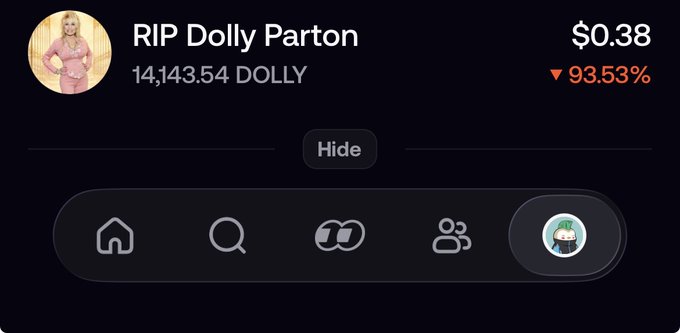 A crypto trading interface shows a token called "RIP Dolly Parton" (ticker: DOLLY) down 93.53% at $0.38, humorously illustrating a disastrous first trade on the fomo platform where the user jokingly claims they are "off to a great start."