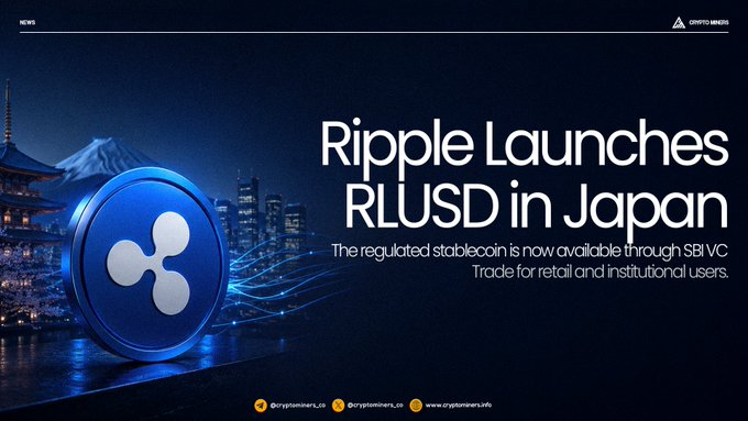A promotional banner from Crypto Musings announces "Ripple Launches RLUSD in Japan," with subtext noting the regulated stablecoin is now available through SBI VC Trade for retail and institutional users, accompanied by a Ripple logo set against a Japanese cityscape featuring a pagoda and Mt. Fuji. The image visually reinforces the post's news about Ripple's stablecoin debut in Japan, highlighting the SBI VC Trade partnership mentioned in the accompanying text.