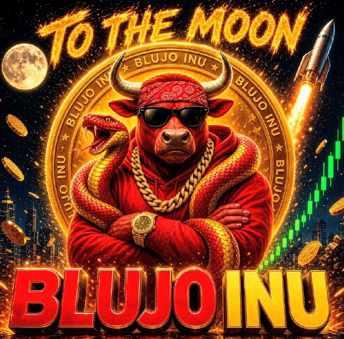 A vibrant promotional graphic for 'BLUJO INU' cryptocurrency featuring a muscular red bull with horns, sunglasses, gold chain, and a snake wrapped around it, with 'TO THE MOON' text, a rocket, moon, cityscape, and stock chart imagery.
