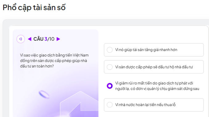 A quiz question (3/10) on digital asset legalization asks why trading in Vietnamese Dong on licensed exchanges makes investors safer, with the selected answer explaining it reduces money laundering risk due to transparent peer-to-peer transactions under regulatory oversight. The post's context highlights concerns that strict VND-based regulation could push transactions to unregulated DEX and P2P channels, where the very transparency and oversight the law aims to enforce would be absent.