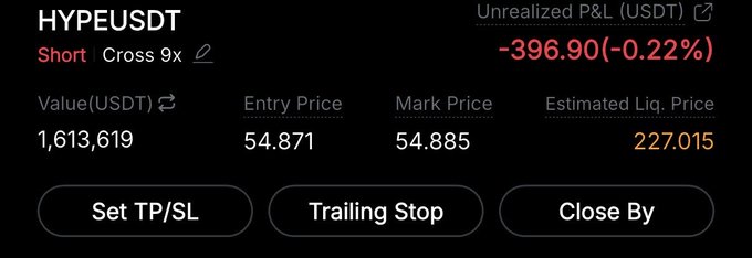 The image shows a short position on **HYPE/USDT** valued at **1,613,619 USDT**, with an entry price of **54.871**, mark price of **54.885**, an estimated liquidation price of **227.015**, and an unrealized P&L of **-396.90 (-0.22%)**. This directly reflects the poster's $1.5M+ short on $HYPE, though notably the displayed value exceeds the $1.5M they mentioned due to the exchange's maximum position size caps.