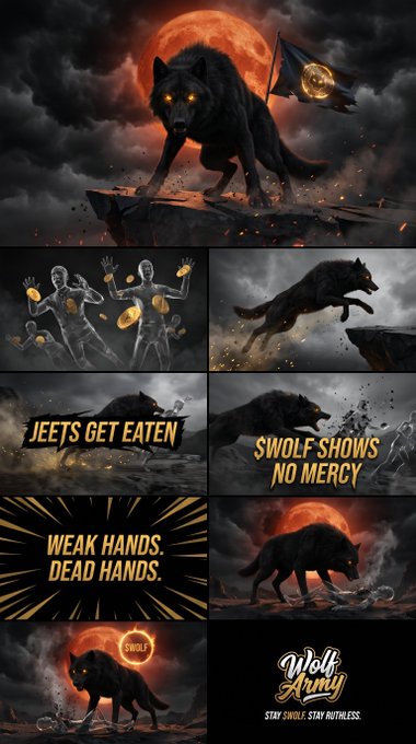 A collage of dramatic dark fantasy images featuring a black wolf with glowing orange eyes against a blood moon, alongside text overlays reading 'JEETS GET EATEN', '$WOLF SHOWS NO MERCY', 'WEAK HANDS. DEAD HANDS.', and a 'Wolf Army - STAY SWOLE. STAY RUTHLESS.' logo with a $WOLF token.
