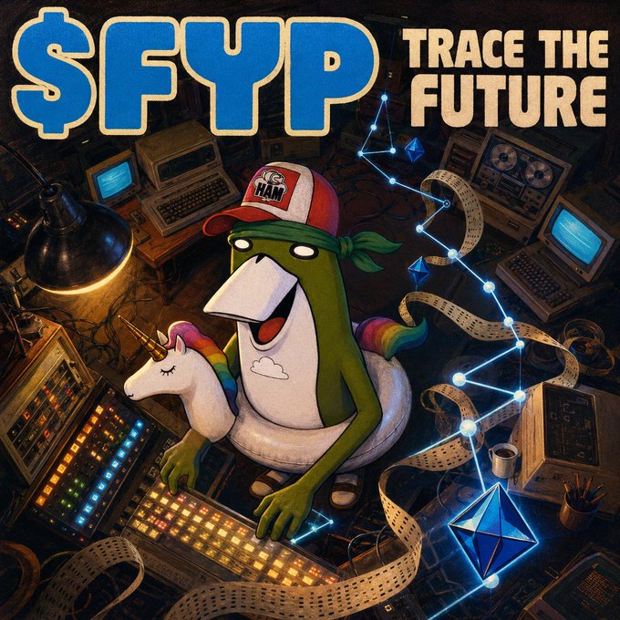 A colorful illustrated cover featuring the text "$FYP TRACE THE FUTURE" with an anthropomorphic green character wearing a "RAM" cap, a unicorn floatie, and Ethereum logos amidst vintage tech equipment.