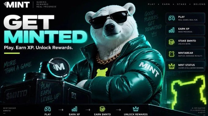 A promotional banner for a gaming rewards program called 'MINT' featuring a polar bear in sunglasses and a leather jacket, with features like Play, Earn XP, Stake, and Mintbear.