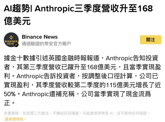 A Binance News headline announces "AI趨勢 | Anthropic三季度營收升至168億美元" (AI Trend | Anthropic's Q3 revenue rises to $16.8 billion), reporting that the AI company told investors its quarterly revenue jumped to $16.8 billion with ~50% growth from Q2's $11.5 billion, while also achieving operating profitability. The image relates to the post by highlighting how Anthropic's surging growth and profitability stand in stark contrast to the volatile, high-risk nature of speculative stocks like $LITE described in the accompanying commentary.