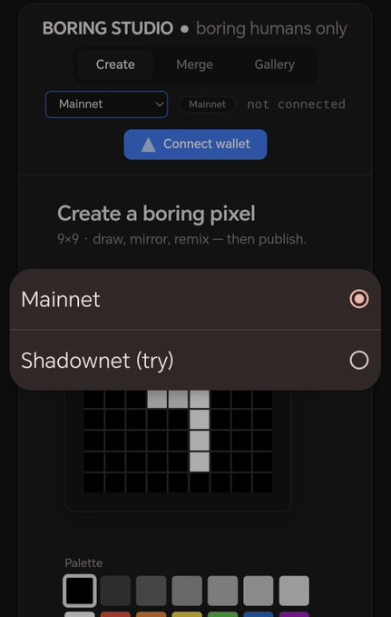 A screenshot of the BORING STUDIO app showing a pixel art creation interface with options for Mainnet or Shadownet, and a 'Connect wallet' button.