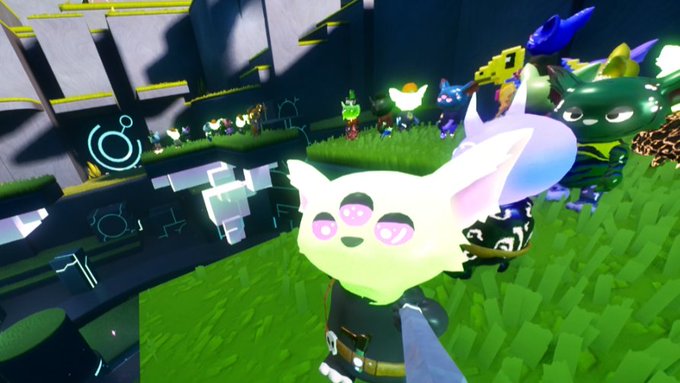 A screenshot from a video game featuring stylized cartoon-like creatures, including a prominent white cat-like character with pink eyes in the foreground, set in a grassy environment with other colorful characters in the background.