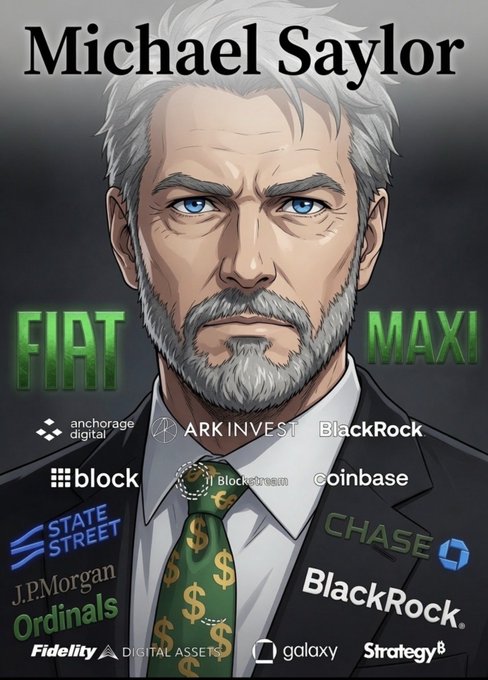 This illustration depicts Michael Saylor, a prominent figure in the Bitcoin community, as a superhero. He is dressed in a suit, positioned at the center of the image, flanked by the logos of Fiat, exemplified by Fiat Maxi, and various banks such as Chase, BlackRock, Fidelity, Blockrock, State Street, and ordination banking firms. The bubbles mention names like Anchorage Digital, Arkinvest, and Coinbase, reflecting the diverse and influential entities Saylor is associated with. The image encapsulates the contrast between traditional financial institutions and the crypto revolution that Saylor is a part of, potentially drawing a parallel to the evolution within the Bitcoin community as suggested by the hashtags #HeroToVillianCycle and #Bitcoin2026.