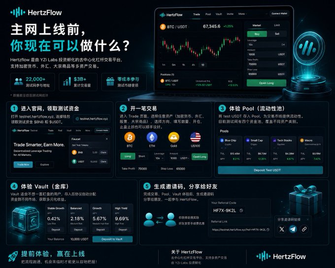 A promotional graphic for HertzFlow, a Y2 Labs decentralized finance trading platform, showing features including trading, liquidity pools, vaults, and referral codes, with a BTC/USDT price chart.