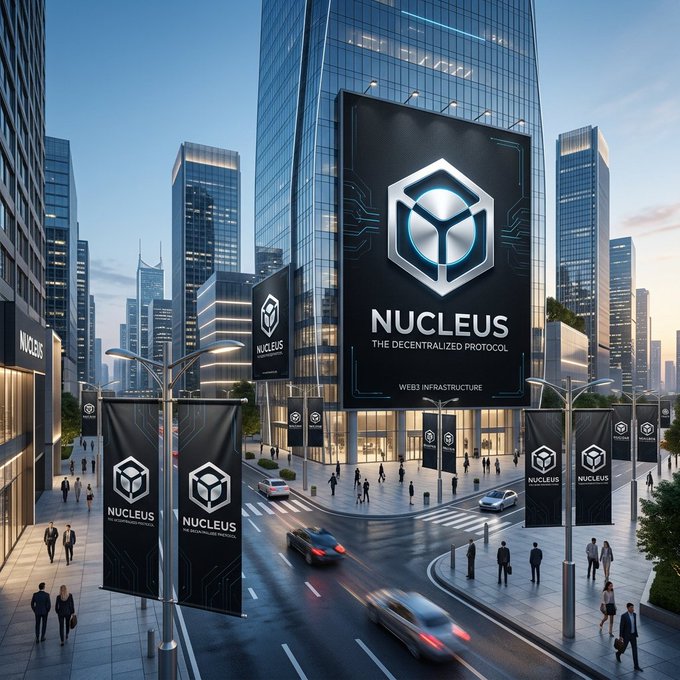 A futuristic cityscape with large digital billboards and banners advertising 'NUCLEUS - THE DECENTRALIZED PROTOCOL' and 'WEB3 INFRASTRUCTURE' displayed across skyscrapers and street poles.