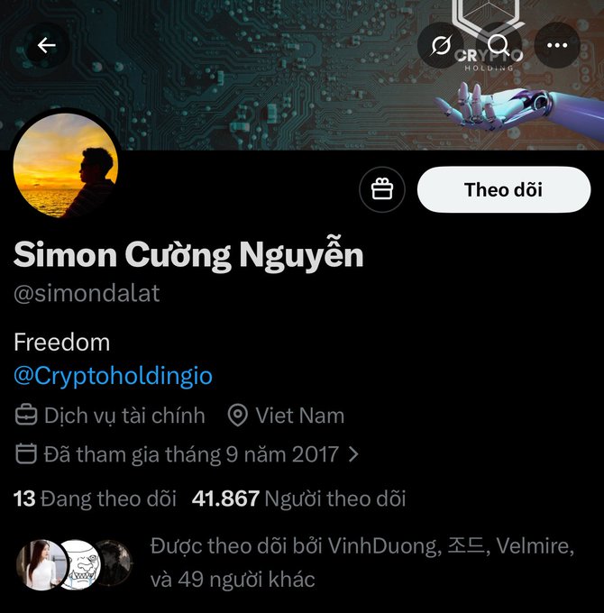 A Twitter/X profile page for Simon Cường Nguyễn (@simondalat) showing bio 'Freedom @Cryptoholdingio', located in Vietnam, joined September 2017, with 41,867 followers and 13 following.