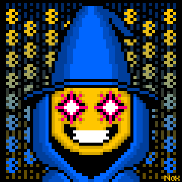 A pixel art depiction of a smiling yellow emoji-like face wearing a tall blue pointed hat, surrounded by decorative star patterns, signed "NOK" in the bottom right.