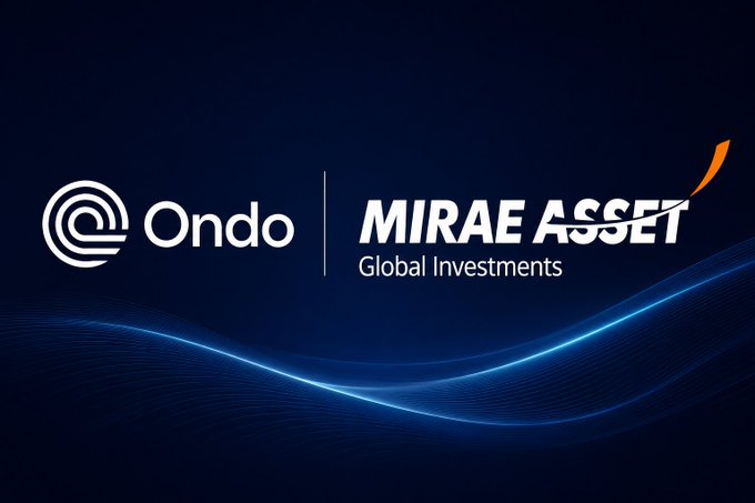 The image shows a logo for the global investment platform, Ondo, along with an illustration of a wave. The text below the logos explains that Ondo offers 10 Global X ETFs.