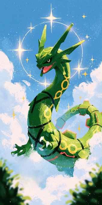 An illustration of the green, serpentine Pokémon Rayquaza flying in a starry sky with clouds.